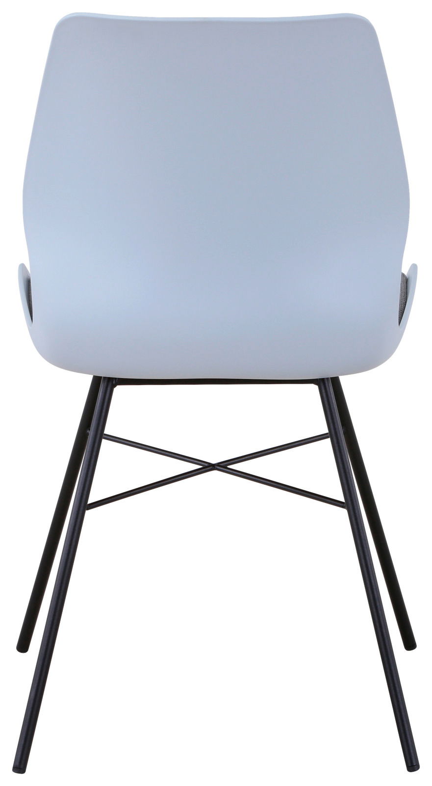Rückansicht eines modernen Stuhls mit schwarzem Metallgestell und hellgrauer Sitzschale.