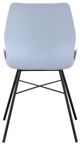 Rückansicht eines modernen Stuhls mit schwarzem Metallgestell und hellgrauer Sitzschale.