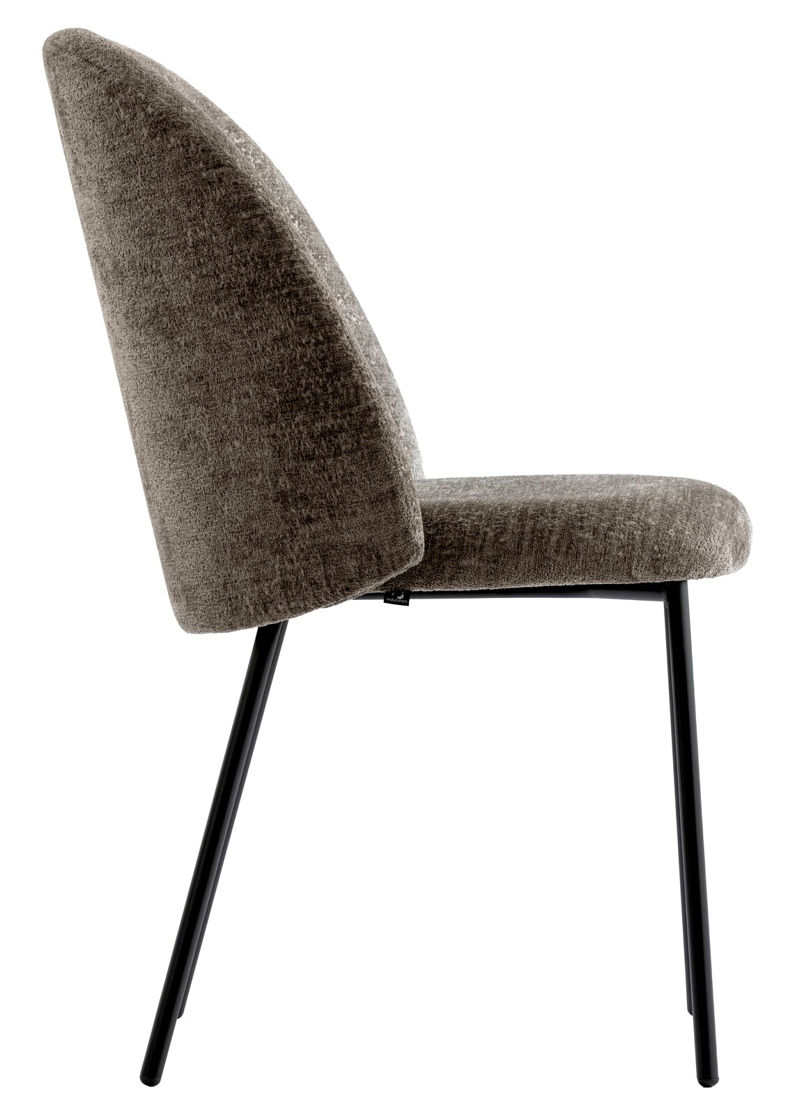 Seitenansicht eines modernen Stuhls mit gepolsterter Rückenlehne und Sitzfläche in grauem Stoff, auf schwarzen Metallbeinen.