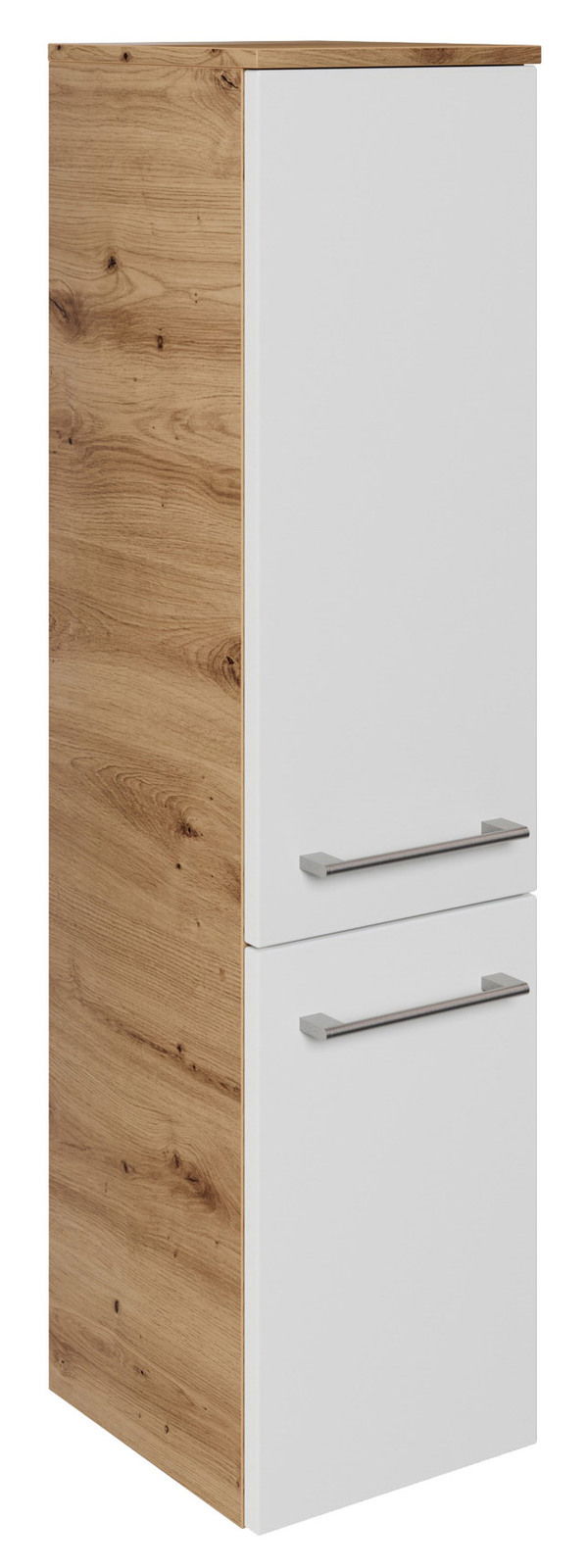 Moderner Midischrank mit Holzoptik und weißen Türen, seitliche Perspektive