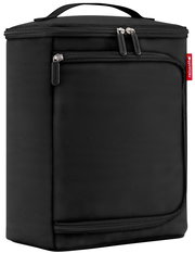 Schwarze Kühltasche mit Reißverschlüssen und Tragegriff, seitliche Perspektive