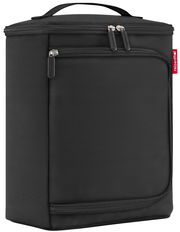 Schwarze Kühltasche mit Reißverschlüssen und Tragegriff, seitliche Perspektive