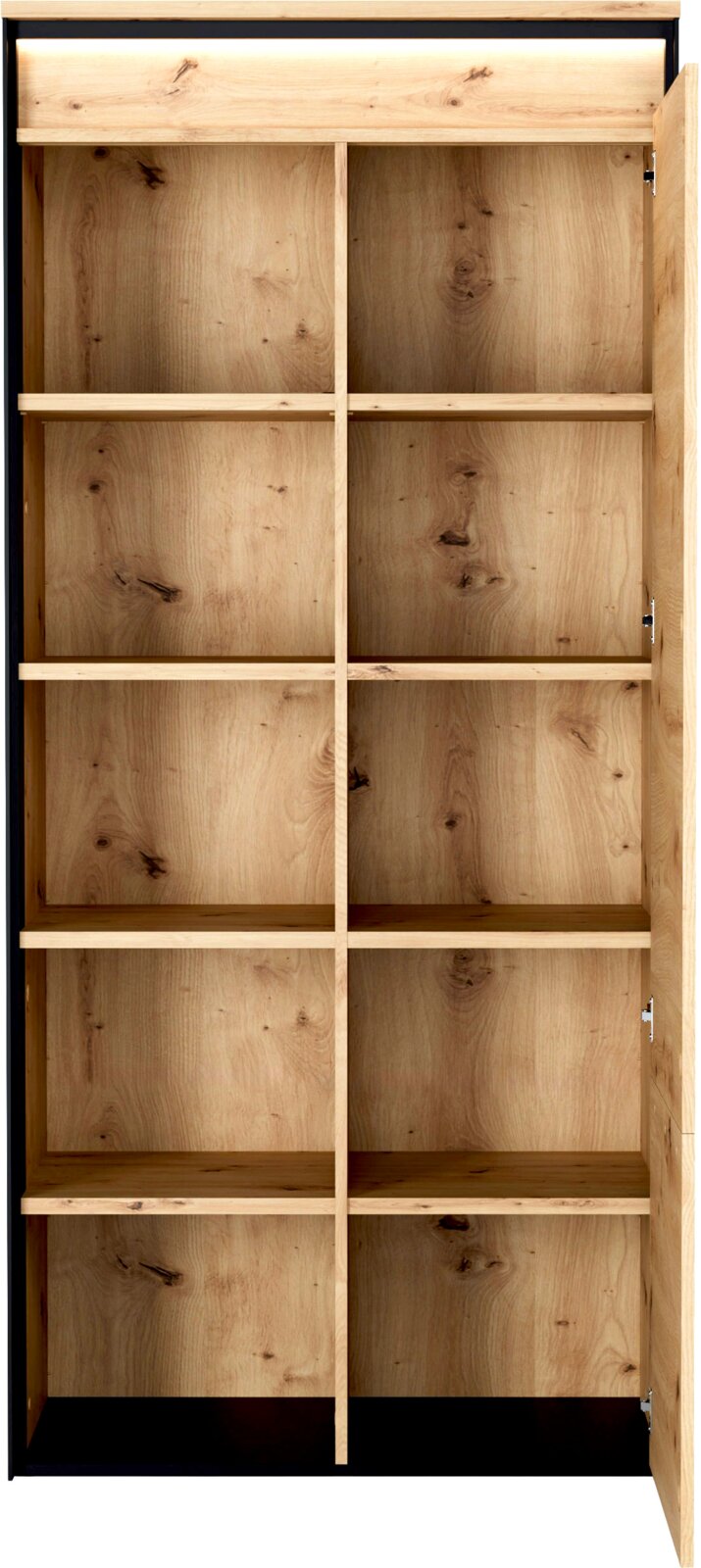 Hoher Holzschrank in natürlicher Eichenoptik mit schwarzem Rahmen, frontal bei geöffneter rechter Tür gezeigt; zahlreiche geräumige Fächer und eine obere Schublade bieten viel Stauraum.