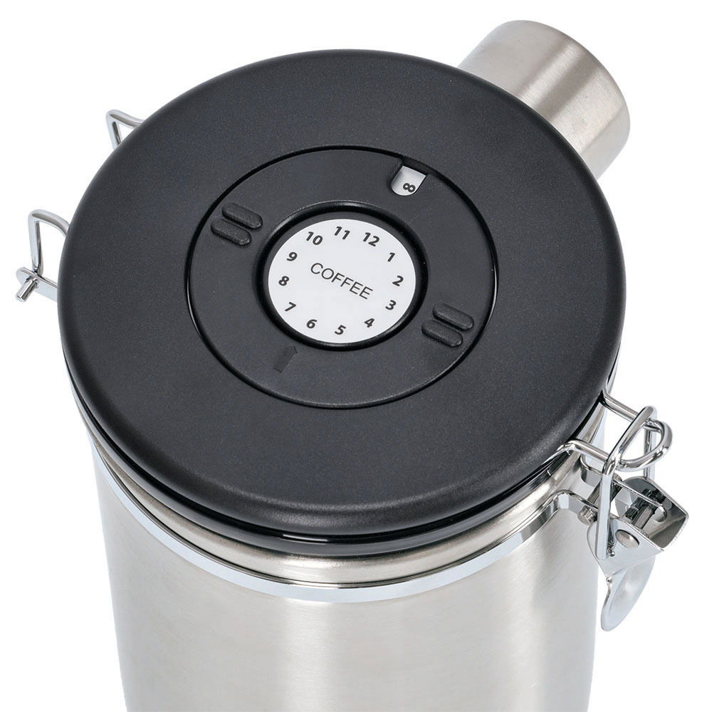 Kaffeedose aus Edelstahl mit schwarzem Deckel und Datumsanzeige, Ansicht von oben