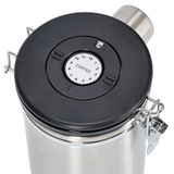 Kaffeedose aus Edelstahl mit schwarzem Deckel und Datumsanzeige, Ansicht von oben