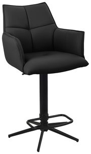 Schwarzer Barstuhl mit gepolsterter Rückenlehne und Armlehnen, seitliche Perspektive