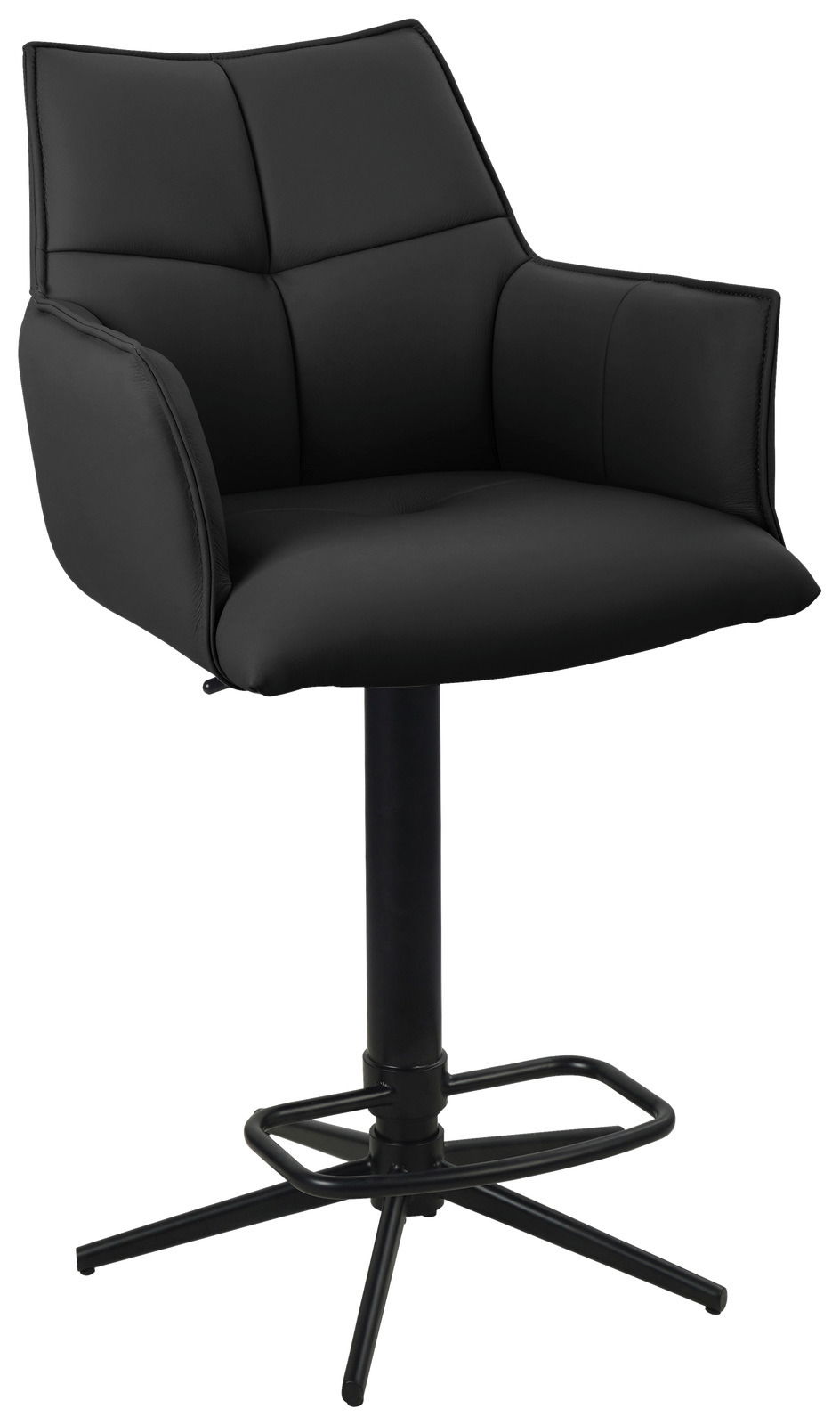 Schwarzer Barstuhl mit gepolsterter Rückenlehne und Armlehnen, seitliche Perspektive