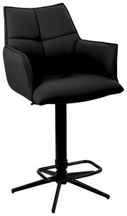 Schwarzer Barstuhl mit gepolsterter Rückenlehne und Armlehnen, seitliche Perspektive