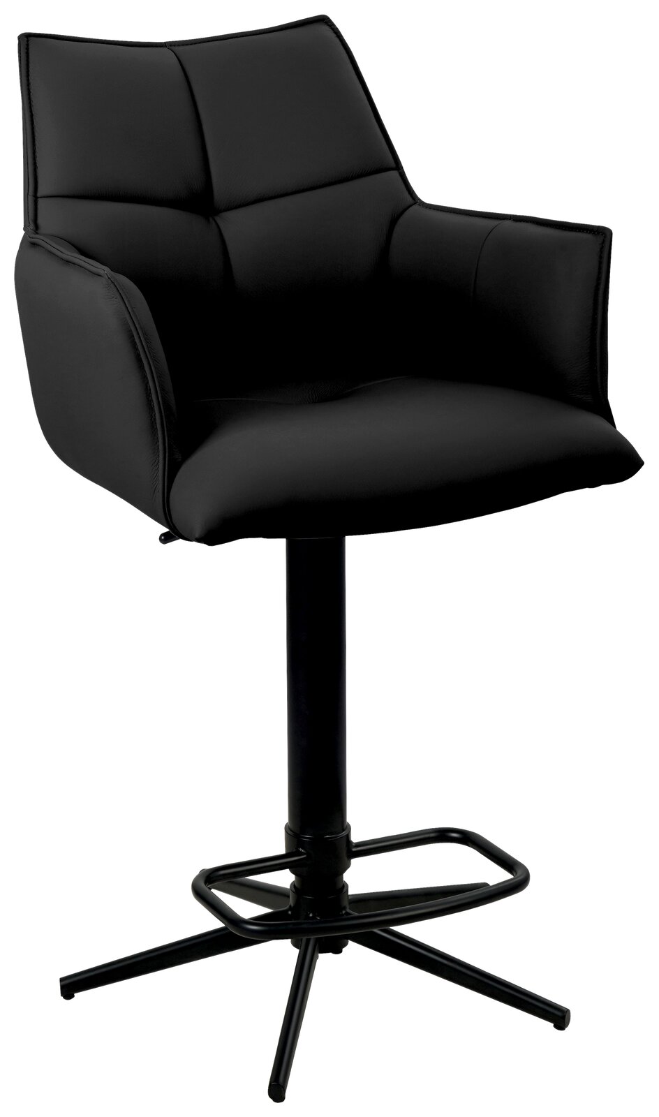 Schwarzer Barstuhl mit gepolsterter Rückenlehne und Armlehnen, seitliche Perspektive