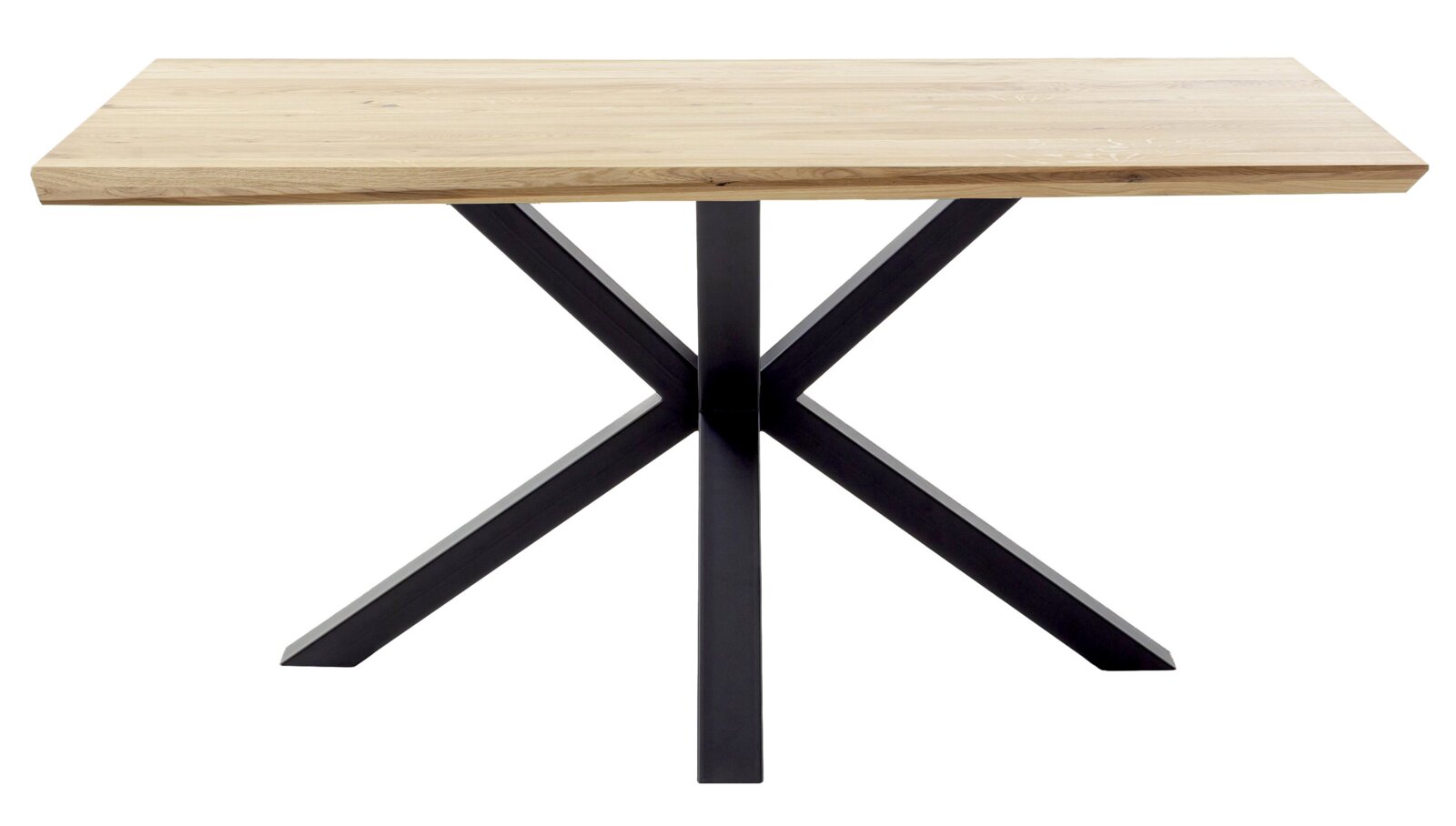 Moderner Esstisch mit Holzplatte und schwarzem Metallgestell in X-Form, Frontalansicht