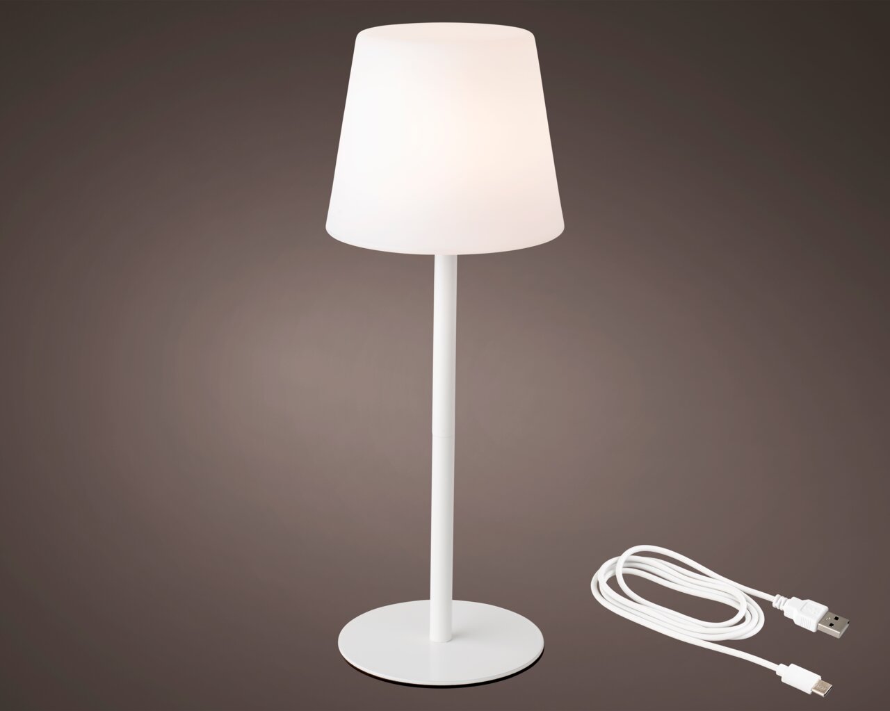 LED Tischlampe in Weiß mit USB-Kabel, seitliche Perspektive