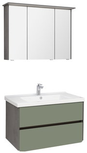 Badezimmerkombination bestehend aus einem dreitürigen Spiegelschrank und einem Waschtisch mit zwei Schubladen in grüner Frontansicht.