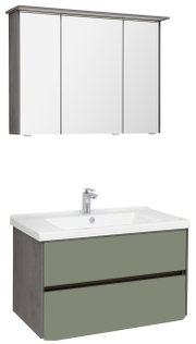 Badezimmerkombination bestehend aus einem dreitürigen Spiegelschrank und einem Waschtisch mit zwei Schubladen in grüner Frontansicht.
