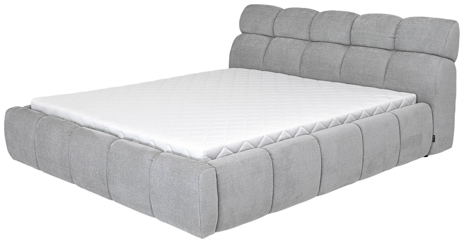 Graues Polsterbett mit gestepptem Kopfteil und Matratze, seitliche Perspektive
