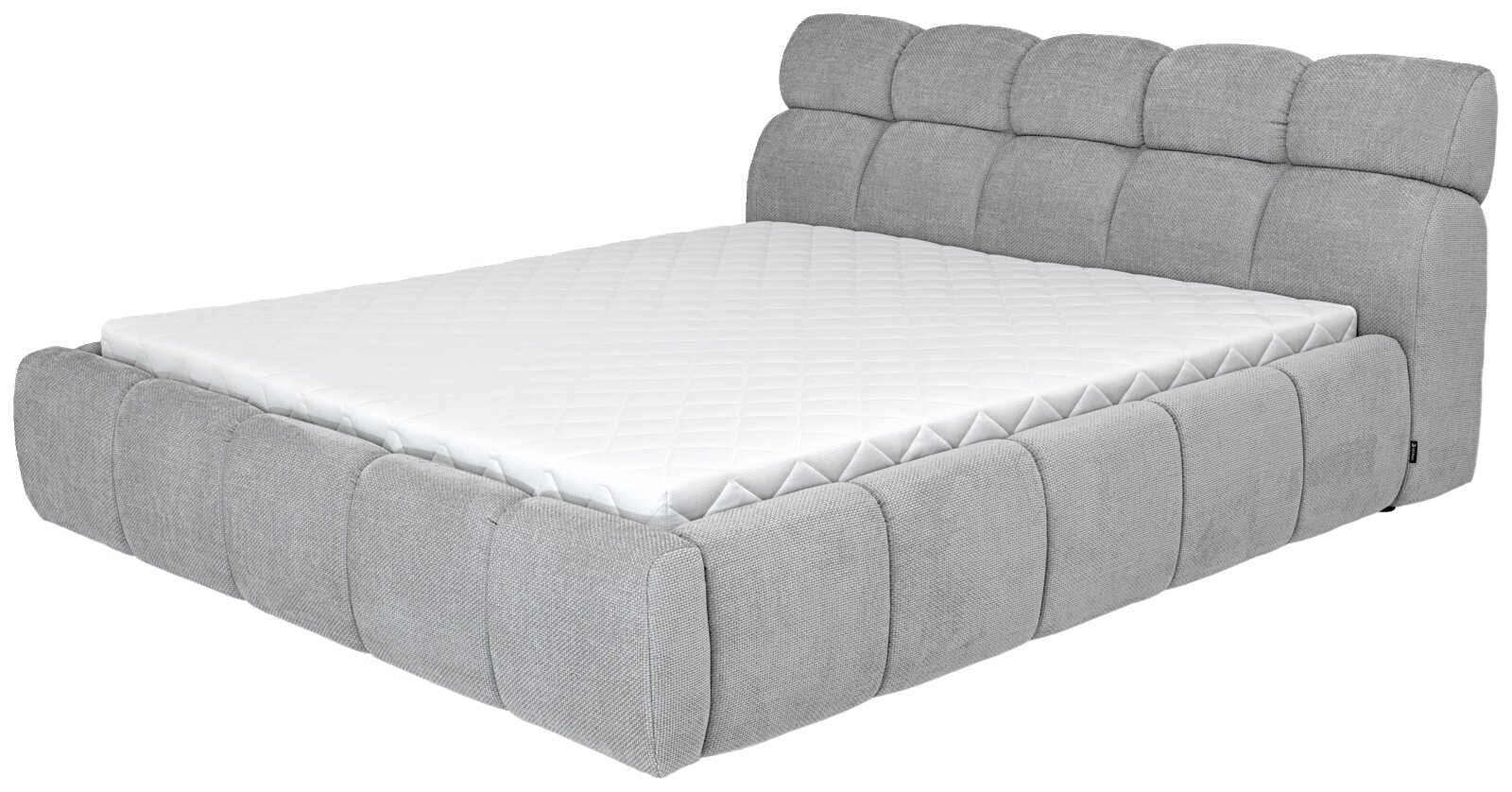 Graues Polsterbett mit gestepptem Kopfteil und Matratze, seitliche Perspektive