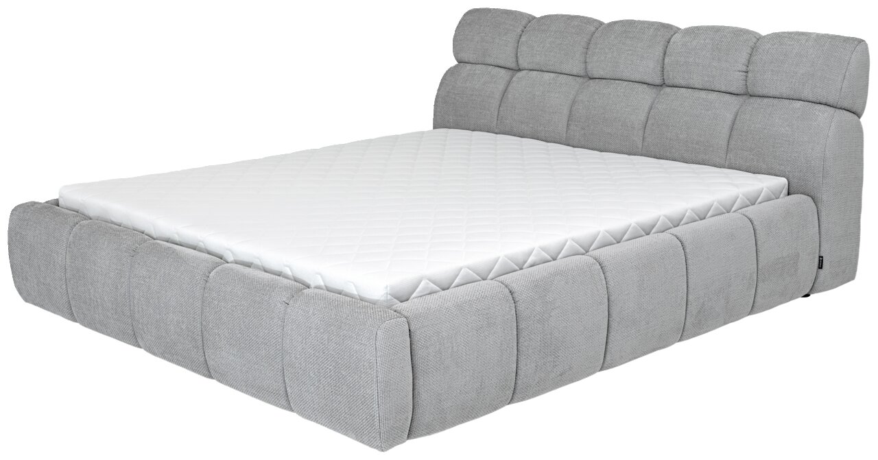 Graues Polsterbett mit gestepptem Kopfteil und Matratze, seitliche Perspektive