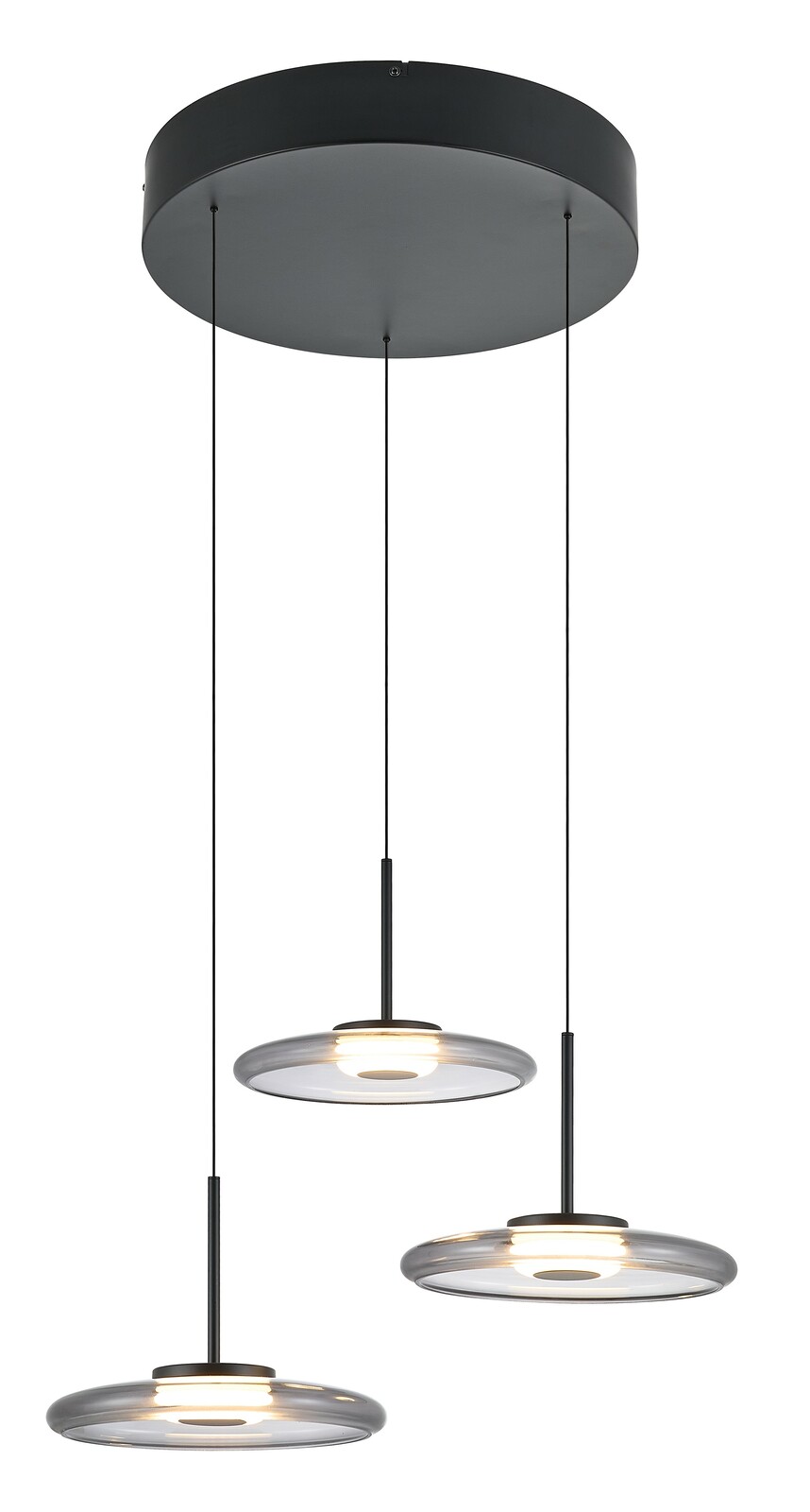 Novel LED-Hängeleuchte Moderne LED-Hängeleuchte mit drei runden, flachen Leuchtkörpern, von unten betrachtet.