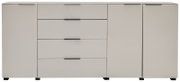 Helles Sideboard mit vier Schubladen in der Mitte und zwei Schranktüren rechts, minimalistische Front mit schwarzen Griffleisten, Frontansicht
