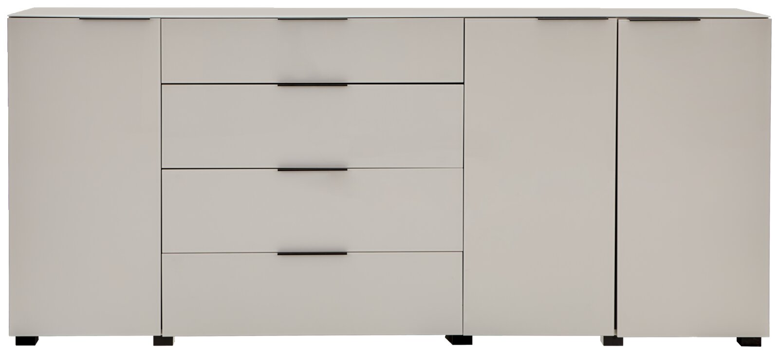 Helles Sideboard mit vier Schubladen in der Mitte und zwei Schranktüren rechts, minimalistische Front mit schwarzen Griffleisten, Frontansicht