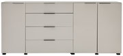 Helles Sideboard mit vier Schubladen in der Mitte und zwei Schranktüren rechts, minimalistische Front mit schwarzen Griffleisten, Frontansicht