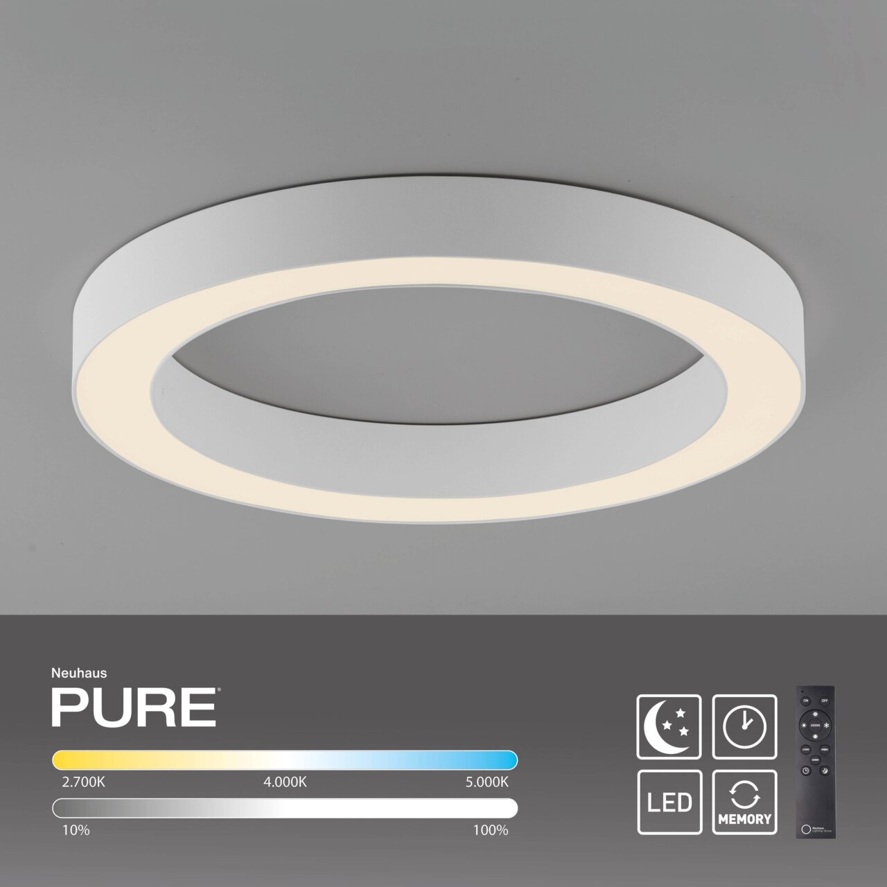 Runde LED-Deckenleuchte in Weiß mit einstellbarer Farbtemperatur und Helligkeit, seitliche Perspektive