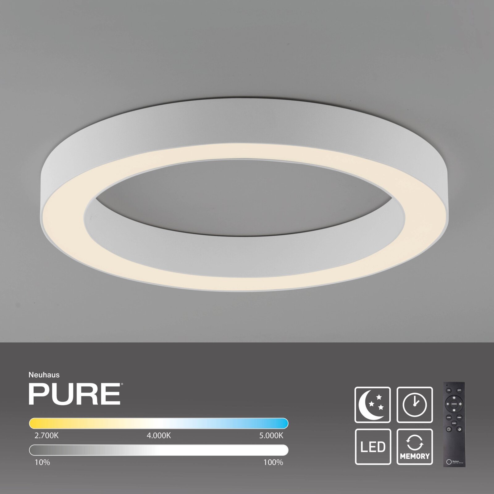 Runde LED-Deckenleuchte in Weiß mit einstellbarer Farbtemperatur und Helligkeit, seitliche Perspektive