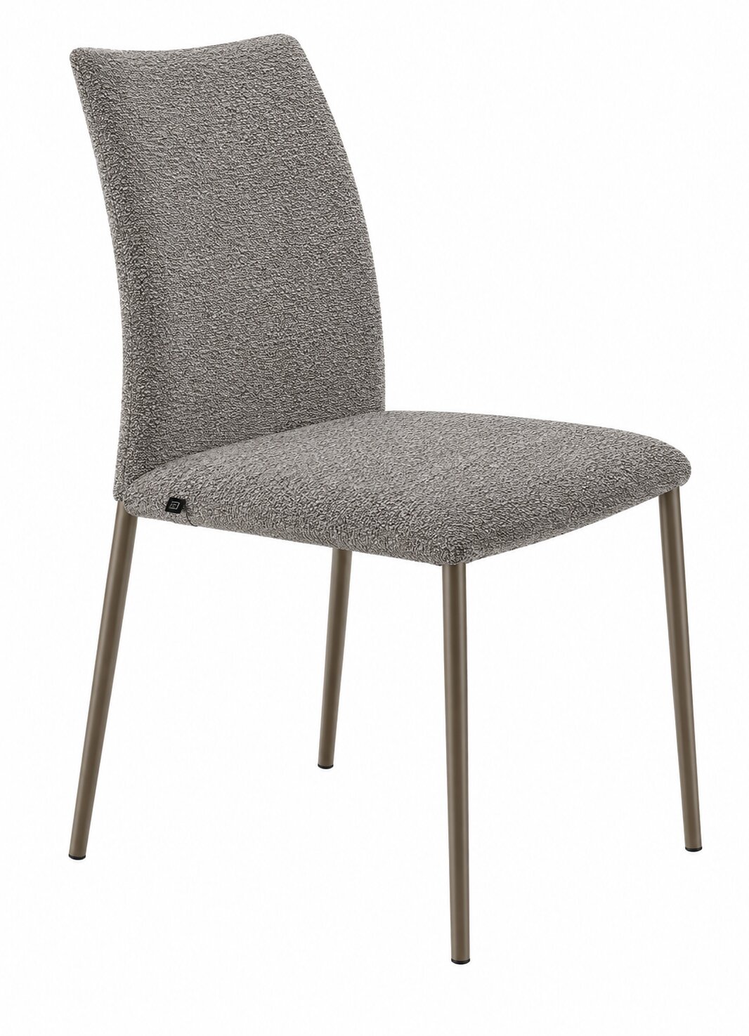 Gepolsterter Esszimmerstuhl mit grauem Bouclé-Bezug und schlanken Metallbeinen in Taupe, freigestellt auf weißem Hintergrund, in schräger Vorderansicht (3/4-Perspektive)