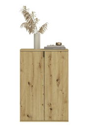 Frontale Ansicht einer modernen Kommode aus Holz mit zwei Türen, dekoriert mit einer Vase mit getrockneten Pflanzen und Büchern.