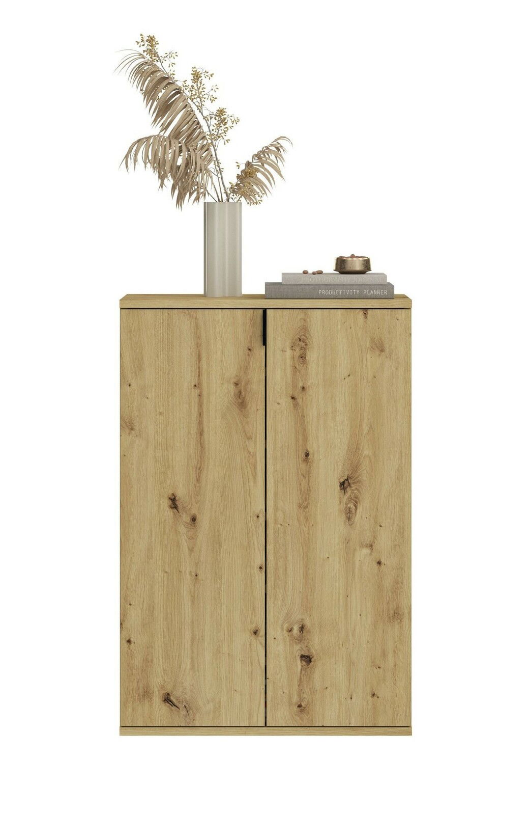 Frontale Ansicht einer modernen Kommode aus Holz mit zwei Türen, dekoriert mit einer Vase mit getrockneten Pflanzen und Büchern.