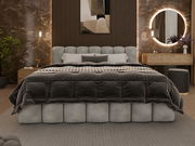 Frontale Ansicht eines eleganten Polsterbettgestells in einem stilvoll eingerichteten Schlafzimmer mit modernen Dekorationselementen.