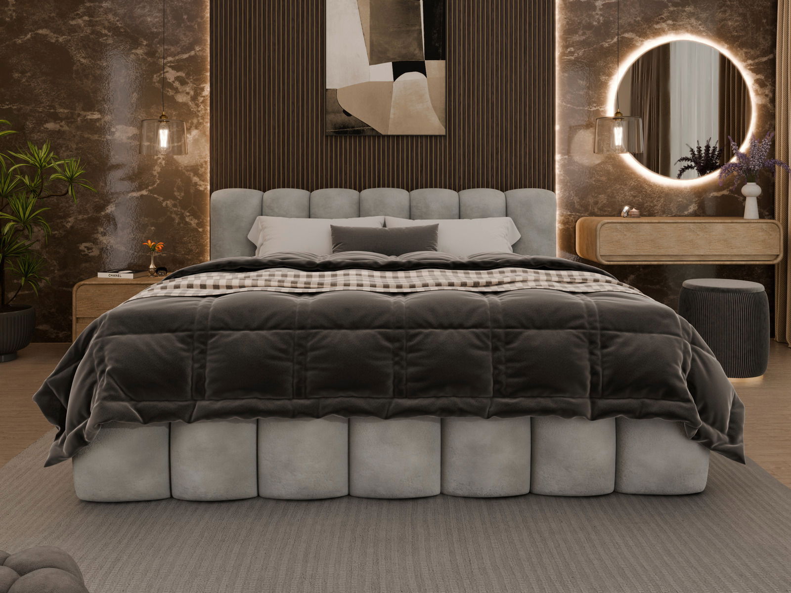 Frontale Ansicht eines eleganten Polsterbettgestells in einem stilvoll eingerichteten Schlafzimmer mit modernen Dekorationselementen.