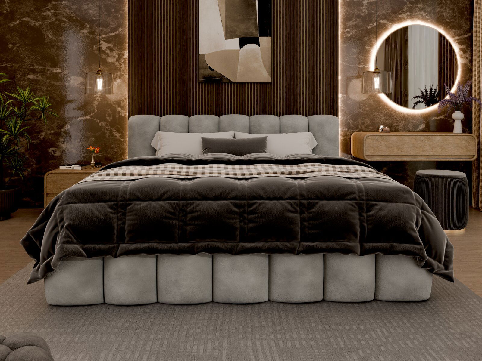 Frontale Ansicht eines eleganten Polsterbettgestells in einem stilvoll eingerichteten Schlafzimmer mit modernen Dekorationselementen.