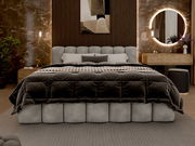 Frontale Ansicht eines eleganten Polsterbettgestells in einem stilvoll eingerichteten Schlafzimmer mit modernen Dekorationselementen.