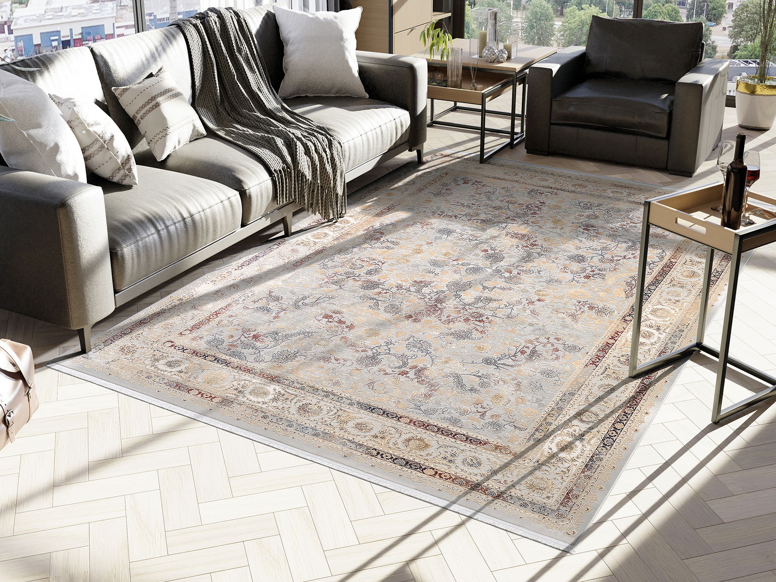 Orientteppich in einem modernen Wohnzimmer, fotografiert aus einer leicht erhöhten Perspektive, mit einem Sofa und einem Sessel im Hintergrund.
