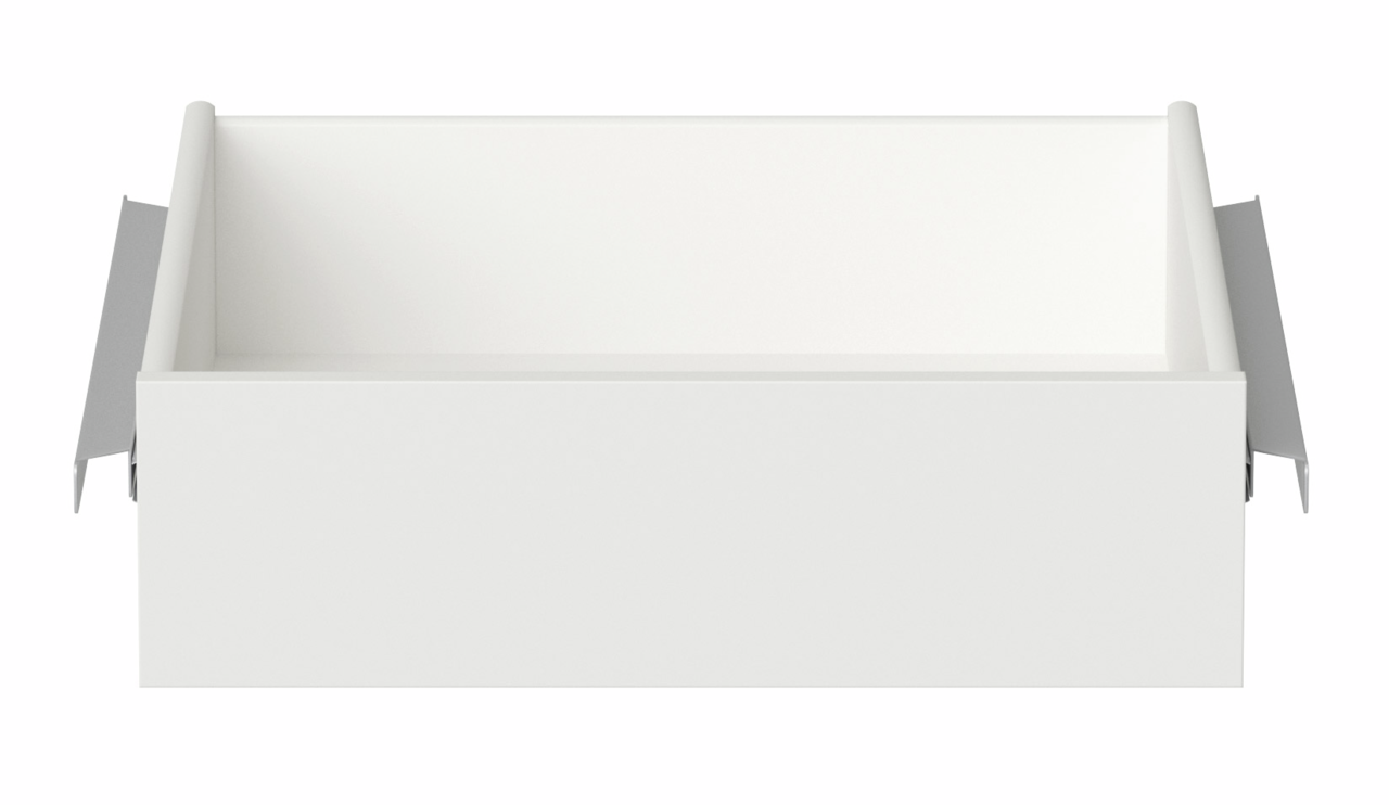 Weiße Innenschublade, frontal betrachtet, mit seitlichen Metallführungen.