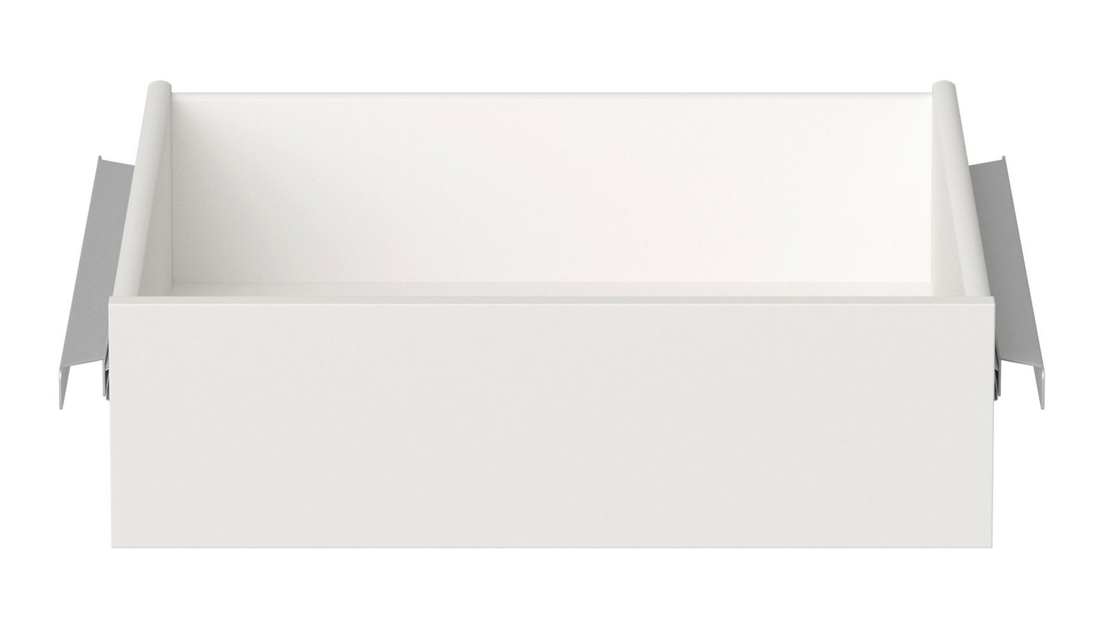 Weiße Innenschublade, frontal betrachtet, mit seitlichen Metallführungen.