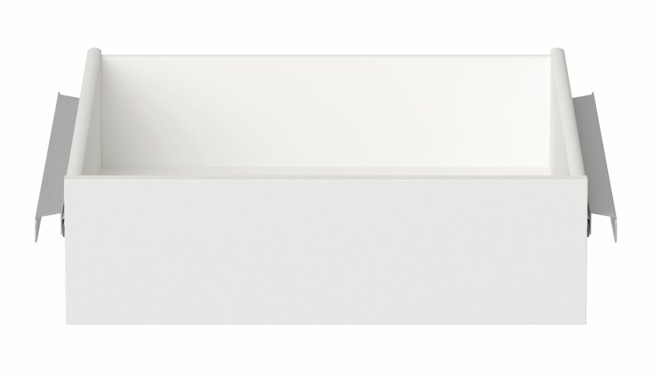 Weiße Innenschublade, frontal betrachtet, mit seitlichen Metallführungen.