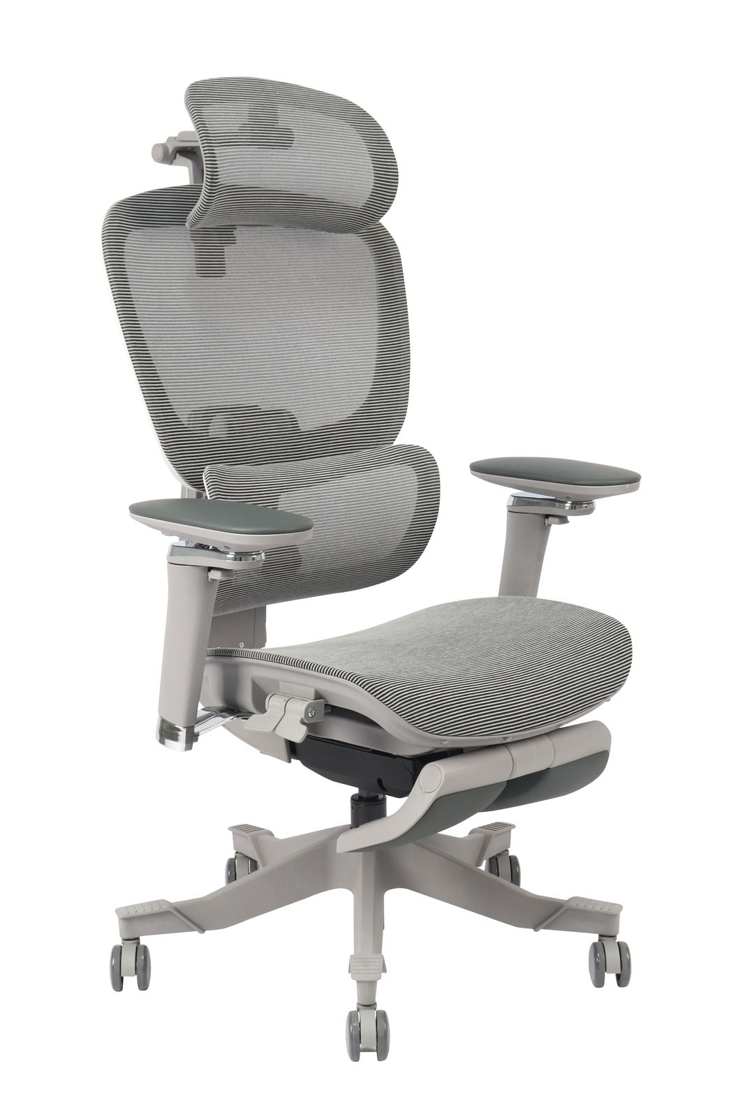 Moderner ergonomischer Drehstuhl mit Netzrückenlehne und Kopfstütze, seitliche Perspektive