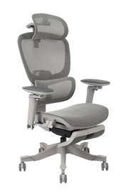 Moderner ergonomischer Drehstuhl mit Netzrückenlehne und Kopfstütze, seitliche Perspektive