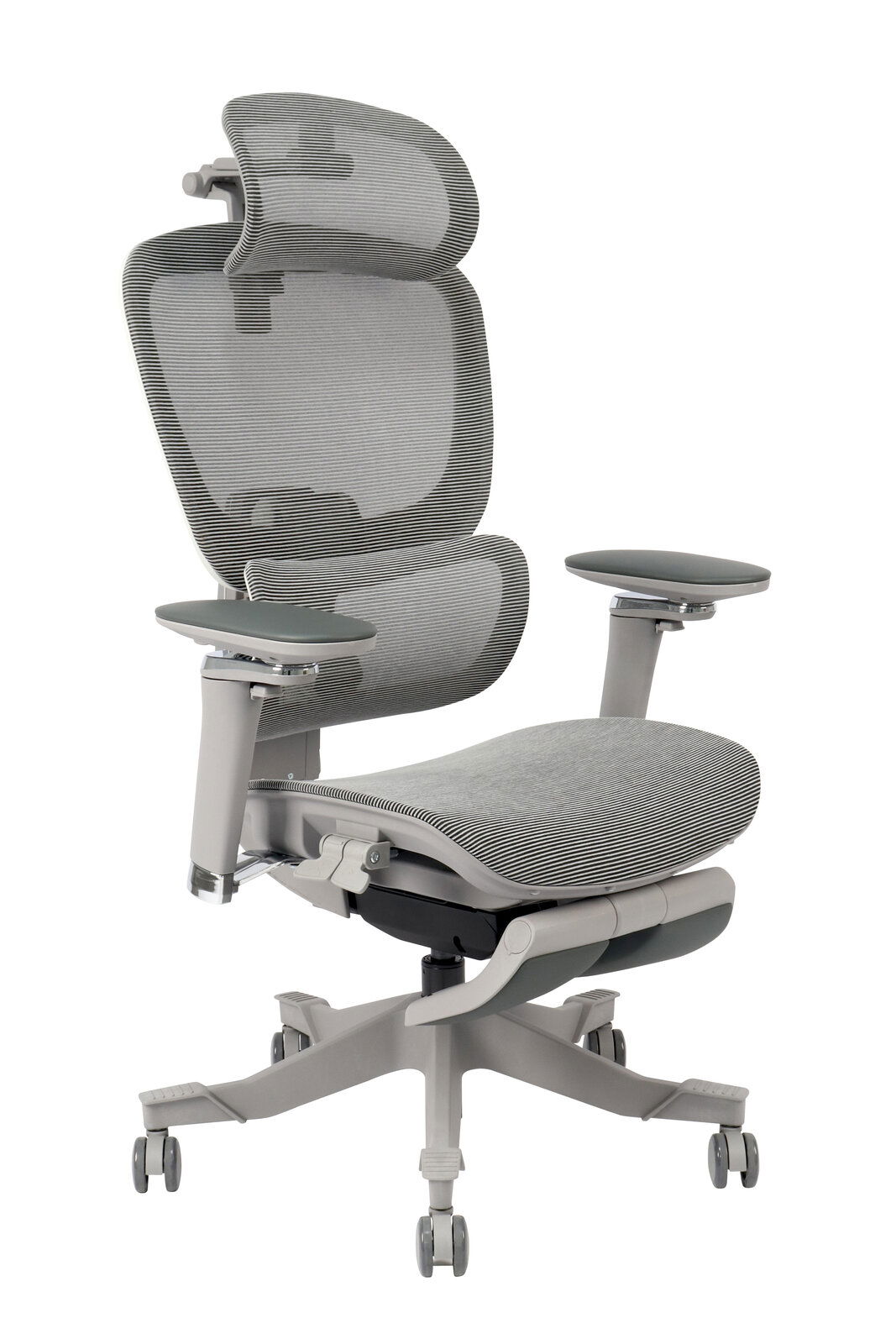 Moderner ergonomischer Drehstuhl mit Netzrückenlehne und Kopfstütze, seitliche Perspektive