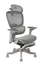 Moderner ergonomischer Drehstuhl mit Netzrückenlehne und Kopfstütze, seitliche Perspektive