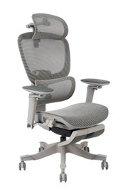 Moderner ergonomischer Drehstuhl mit Netzrückenlehne und Kopfstütze, seitliche Perspektive