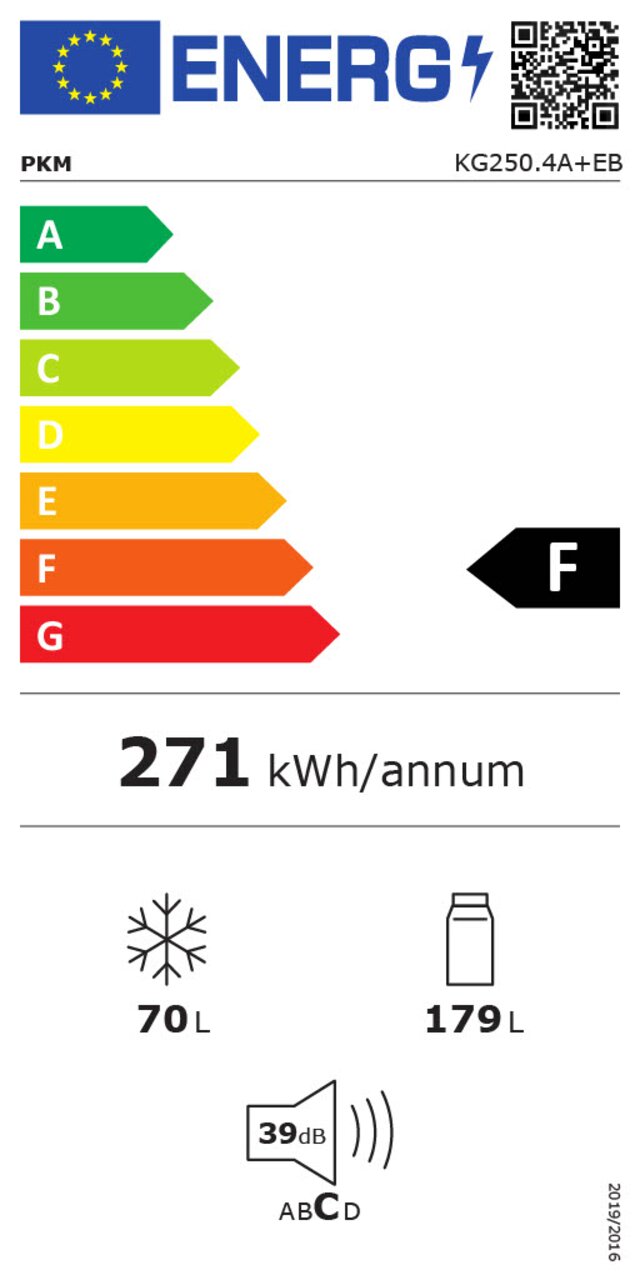 Energie-efficiëntielabel voor een keukenapparaat met energieklasse F, 271 kWh per jaar, vriesvak van 70 l, koelvak van 179 l, geluidsniveau van 39 dB. Vooraanzicht.