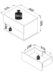 Isometrische Ansicht eines kompakten Schubladenschranks mit einer Schublade; Bemaßung ca. 600 × 315 × 300 mm, Traglast oben 5 kg und Schublade 3 kg, mit zusätzlicher Detailansicht der Schubladeninnenmaße.