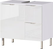 Moderner weißer Unterschrank mit zwei Türen und einer Schublade, frontal betrachtet.