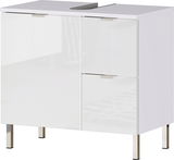 Moderner weißer Unterschrank mit zwei Türen und einer Schublade, frontal betrachtet.
