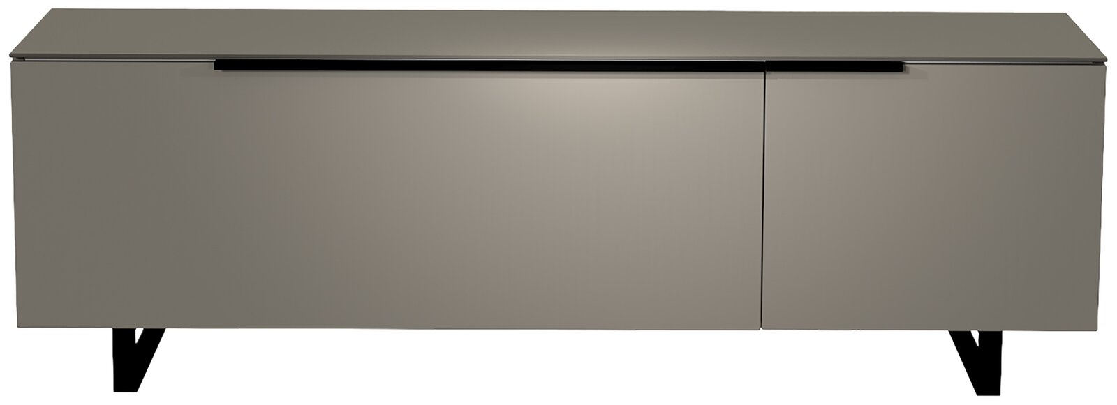 Frontansicht eines modernen TV-Lowboards der Serie BORMIO in grauer Farbe mit schwarzen Beinen.