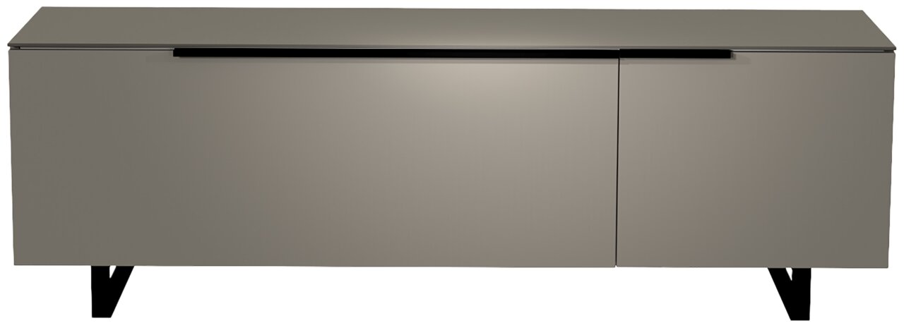 Moderano TV-Lowboard BORMIO Frontansicht eines modernen TV-Lowboards der Serie BORMIO in grauer Farbe mit schwarzen Beinen.