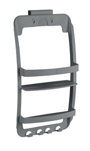 Graues Badregal mit zwei Ablagen und Haken, seitliche Perspektive