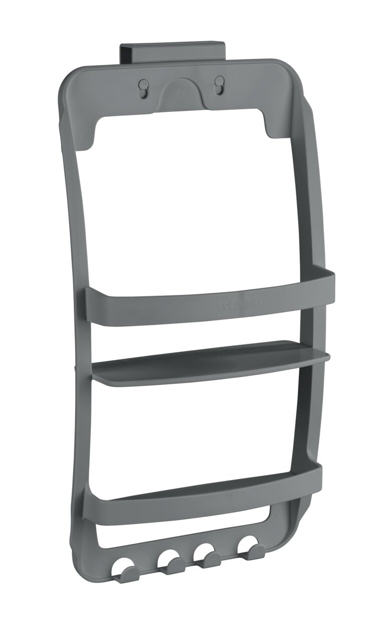 Graues Badregal mit zwei Ablagen und Haken, seitliche Perspektive